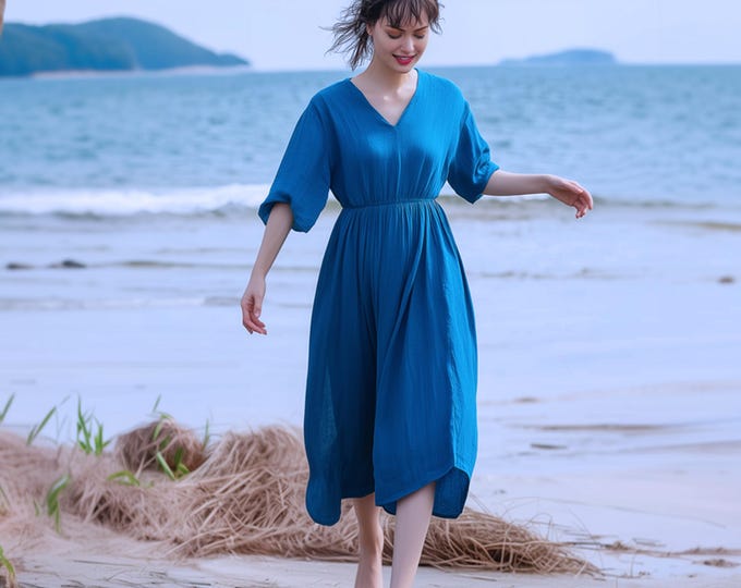 Anysize custom 3/4 sleeves 100% linen loose dress waist elastic V-neck midi dress with side pockets plus size dress plus size clothing F33CL