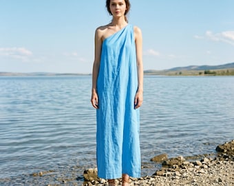 Anysize Custom 100% Linen One Shoulder Dress Asymmetrical Neckline Summer Minimalist Dress Loose Fit Linen Dress With Pockets F25WL