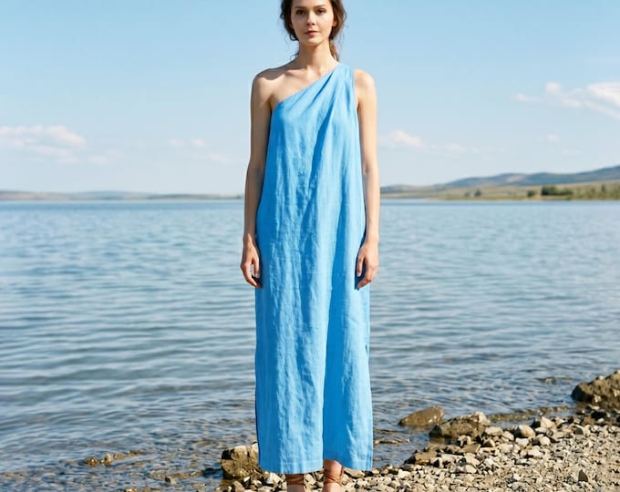 Anysize Custom 100% Linen One Shoulder Dress Asymmetrical Neckline Summer Minimalist Dress Loose Fit Linen Dress With Pockets F25WL