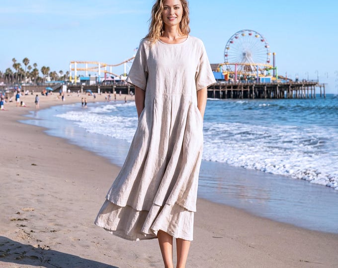 Anysize custom 100% Linen Mid-calf Dress Women Loose A-Line Dress Layered Hem Dress Short Sleeve Casual Summer Dress with Pockets F64VL