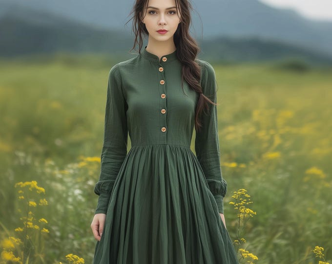 Anysize custom soft linen cotton plus size dress with functional buttons side pockets spring fall plus size clothing F697E