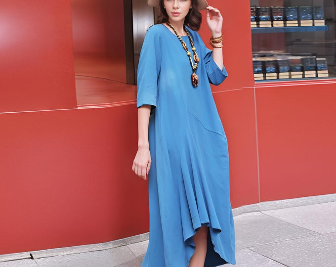 Anysize irregular hem maxi dress 3/4 sleeves with pockets woman linen cotton spring summer fall plus size dress plus size clothing F82CQ