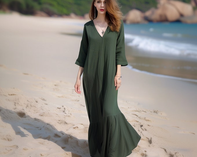 Anysize custom 3/4 sleeves soft linen cotton maxi dress with ruffle hem and side pockets spring summer fall plus size clothing F537E