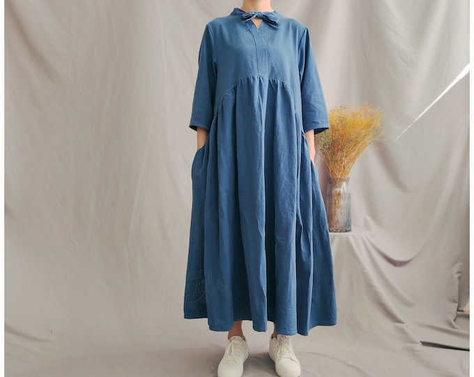 Anysize v neck bowknot with side pockets maxi dress soft loose linen cotton plus size dress spring sunmmer fall clothing T21Q