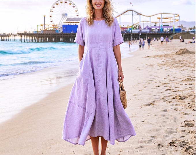 Anysize Custom 100% Linen Short Sleeve Dress Paneled A Line Dress Casual Flowy Summer Dress Beach Vacation Dress with Pockets F39VL