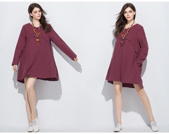 Anysize SALE long sleeves V necked with side pockets linen cotton dress spring summer fall dress plus size tops plus size clothing Y166