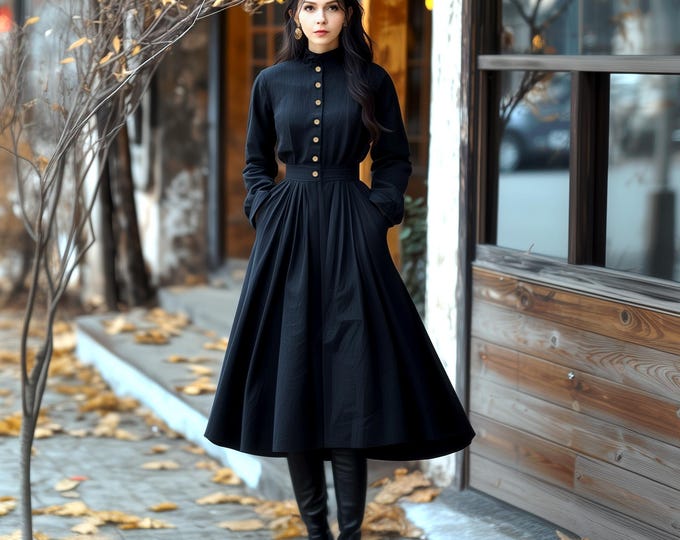 Anysize custom linen cotton buttoned midi dress with side pockets back elastic waist spring fall plus size dress plus size clothing F797N