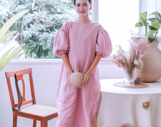 Anysize custom 100% linen puff sleeves round neck casual loose dress with side pockets spring summer plus size dress plus size clothing F3YL