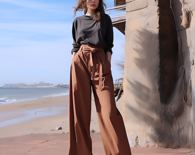 Anysize custom linen oversized maxi pants with elastic waist loose cotton plus size trousers spring fall winter plus size clothing F383N