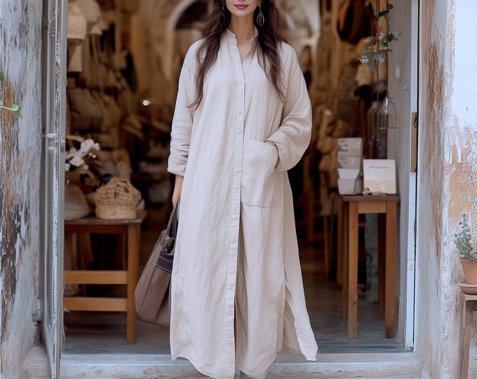 Anysize custom linen cotton coat jacket with pockets hidden buttons collared spring fall plus size coat plus size clothing F644N
