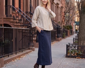 Anysize Custom Linen Cotton Maxi Skirt With Pockets Straight Long Skirt Back Slit Minimalist Skirt Everyday Wear Plus Size Clothing F2HN