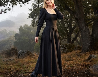 Anysize Custom Linen Cotton Maxi Dress Square Neck Long Sleeve A Line Dress Fall Winter Plus Size Dress Women Clothing With Pockets F29HN