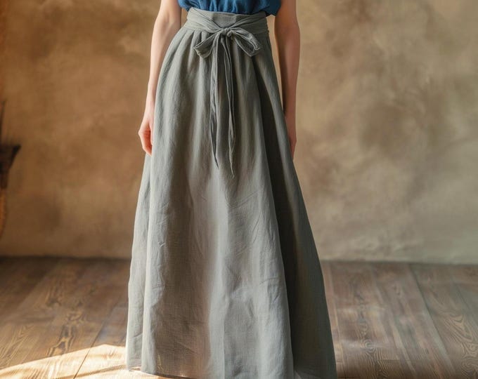 Anysize custom 100% linen A-line skirt elastic waist maxi length skirt with belt spring summer fall plus size skirt plus size clothing F56JL