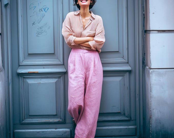 Anysize 100% linen elastic waist trousers with pockets casual loose spring summer plus size pants plus size clothing F83YL