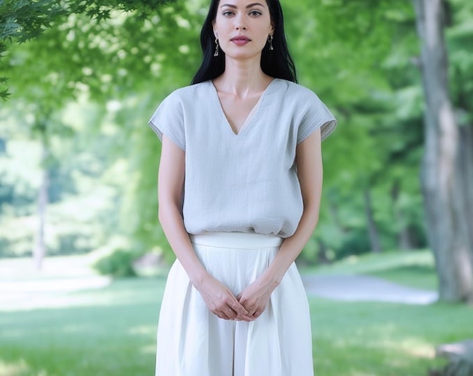 Anysize custom short sleeves 100% linen tops V neck shirt loose tops linen blouse summer plus size tops plus size clothing F12JL