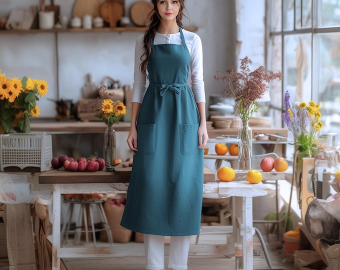 Anysize custom cotton linen apron with patch pockets spring fall plus size dress plus size clothing F608N