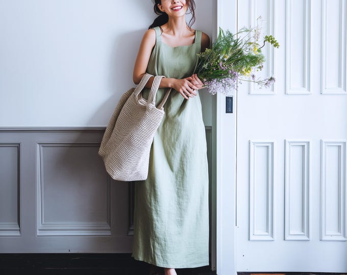 Anysize custom 100% linen sleeveless loose maxi dress with side pockets spring summer plus size dress plus size clothing F50DL
