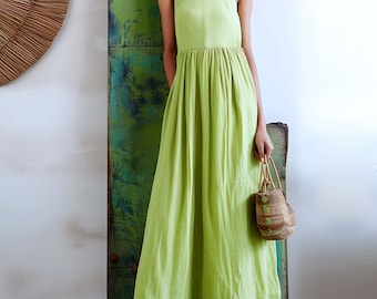 Anysize custom 100% linen sleeveless pleated maxi dress with side pockets spring summer plus size dress plus size clothing F464L