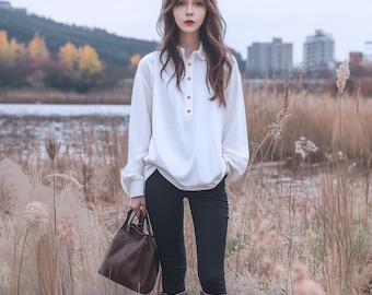 Anysize custom puff sleeves shirt with buttons linen cotton plus size blouse plus size tops plus size clothing spring fall tops F727N