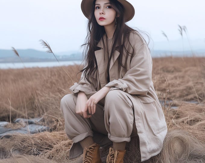 Anysize custom thick linen cotton womens safari jacket with pockets oversized spring fall plus size jacket coat plus size clothing F604N