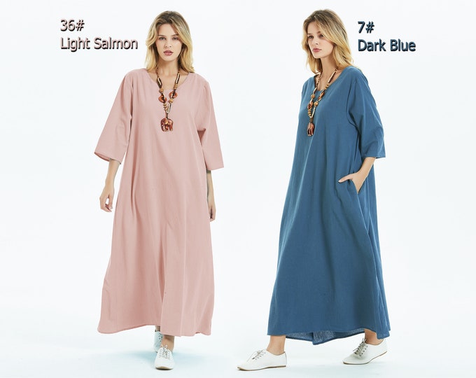 Anysize concise style with side pockets soft linen dress cotton dress maxi dress spring summer fall dress plus size clothing F181A
