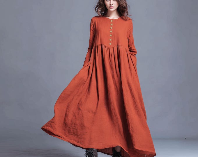 Anysize long sleeves soft linen cotton plus size maxi dress with functional buttons side pockets spring fall plus size clothing F90YE