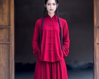 Anysize custom soft linen cotton blouse with handmade buttons retro spring fall casual loose plus size tops plus size clothing F903E