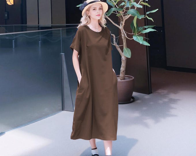 Anysize soft linen cotton summer long dress short sleeves with side pockets plus size dress plus size clothing F79CQ