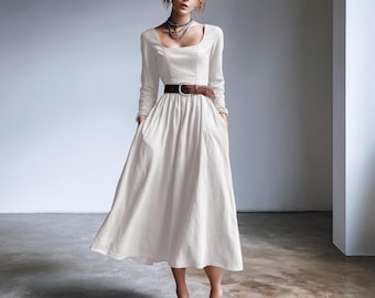 Anysize Plus Size Linen Cotton Dress with Pockets - Spring Fall Dress F52PN