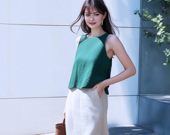 Anysize custom sleeveless 100% linen tank loose tops summer undershirt plus size tops plus size clothing F93AL