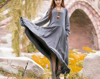Anysize double-layer 2.5lbs linen cotton dress A-line long sleeved maxi dress spring fall winter warm plus size dress plus size clothing F3B