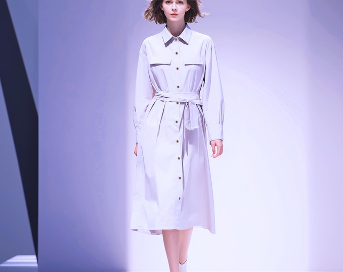 Anysize custom collared dress with buttons long sleeves linen cotton dress with pockets belt spring fall retro plus size clothing F19PN