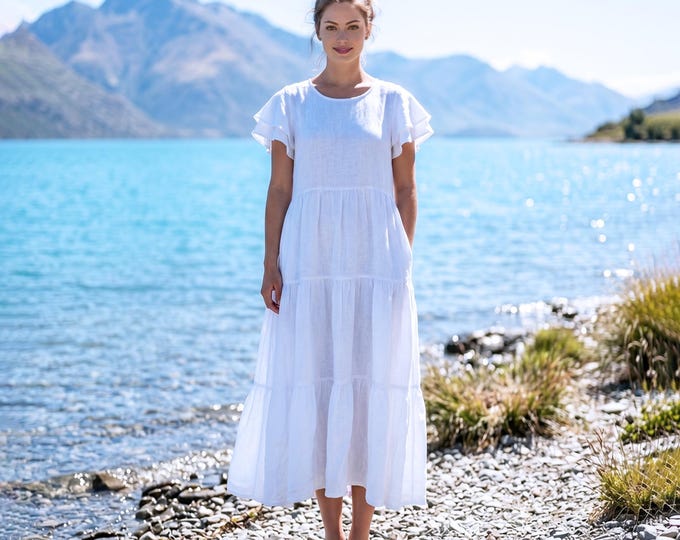 Anysize Custom 100% Linen Tiered Dress Women Flutter Sleeve Midi Dress Loose Fit Linen Dress Summer Dress With Pockets Plus Size F67WL