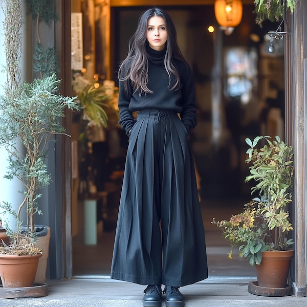 Anysize custom pleated linen cotton wide leg pants with side pockets elastic waist plus size pants spring fall plus size trousers F922N