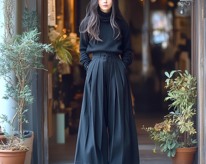 Anysize custom pleated linen cotton wide leg pants with side pockets elastic waist plus size pants spring fall plus size trousers F922N