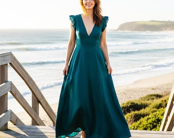 Abito lungo in lino con scollo a V profondo, maniche a balze, elegante, estivo, da invitata a un matrimonio in spiaggia, personalizzato, taglia comoda, abbigliamento taglie forti F42UL