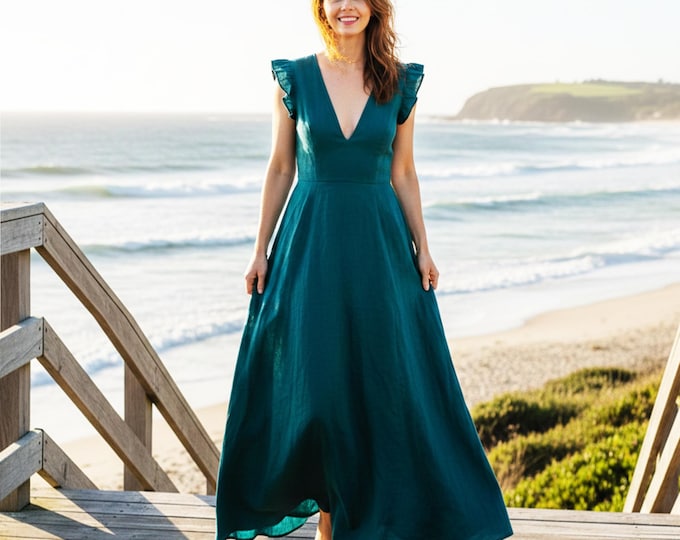 Anysize Custom 100% Deep V Linen Maxi Dress Ruffle Sleeve Elegant Beach Wedding Guest Summer Dress Plus Size Dress Plus Size Clothing F42UL