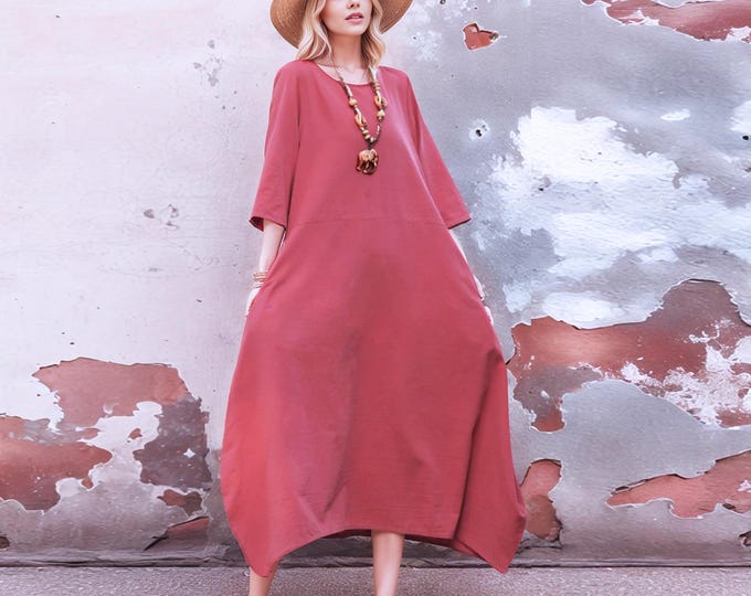 Anysize linen cotton 3/4 sleeves casual loose robe spring summer fall maxi dress plus size dress plus size clothing F80CQ