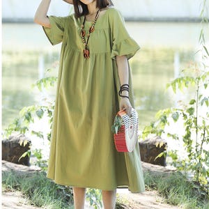 Anysize flare sleeve loose style shirred banding linen cotton spring summer fall maxi dress plus size dress plus size clothing T173Q