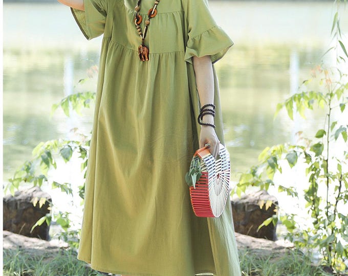 Anysize flare sleeve loose style shirred banding linen cotton spring summer fall maxi dress plus size dress plus size clothing T173Q
