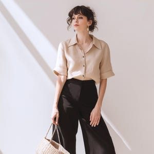Anysize custom buttoned 100% linen shirt with short sleeves loose blouse summer plus size tops plus size clothing F54DL