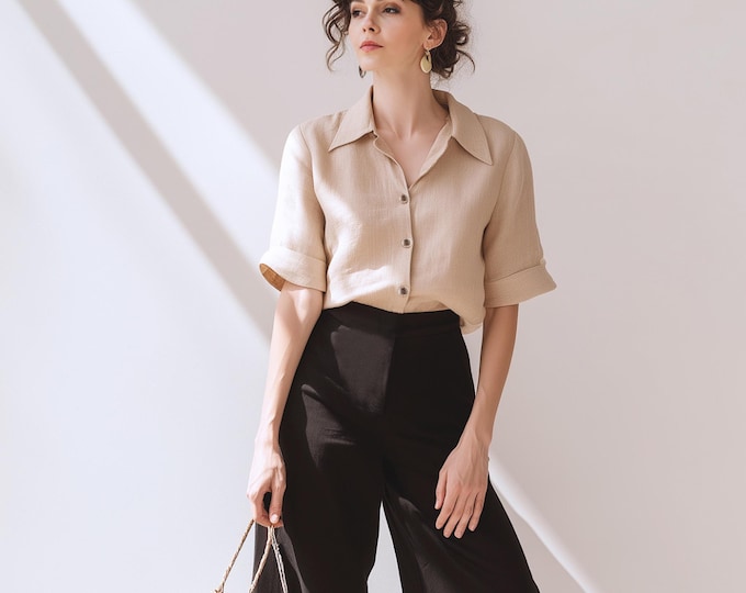 Anysize custom buttoned 100% linen shirt with short sleeves loose blouse summer plus size tops plus size clothing F54DL