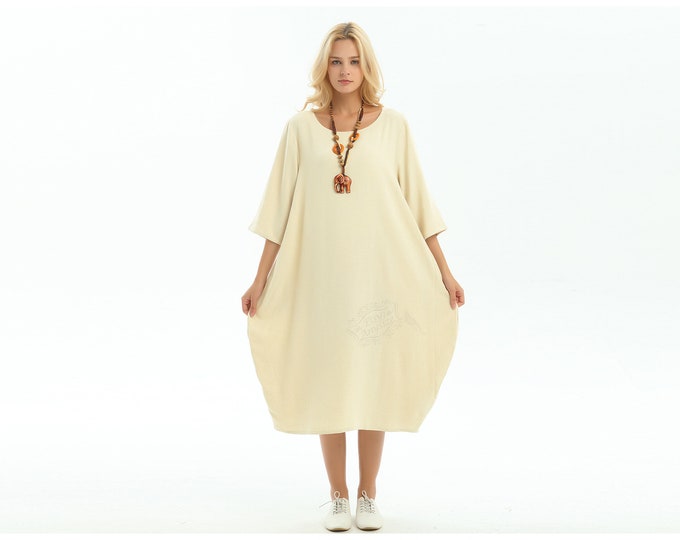 Anysize with pockets back slit soft linen cotton lantern loose dress summer plus size dress plus size clothing  F154Q
