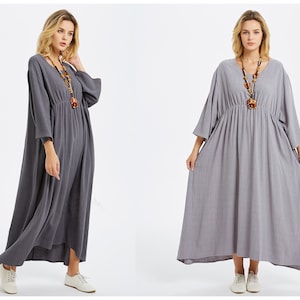 Anysize 3/4 Sleeves With Side Pockets Pleated Soft Linen Cotton Maxi ...