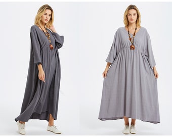 Anysize 3/4 sleeves with side pockets pleated soft linen cotton maxi dress spring  fall winter plus size dress plus size clothing F173A