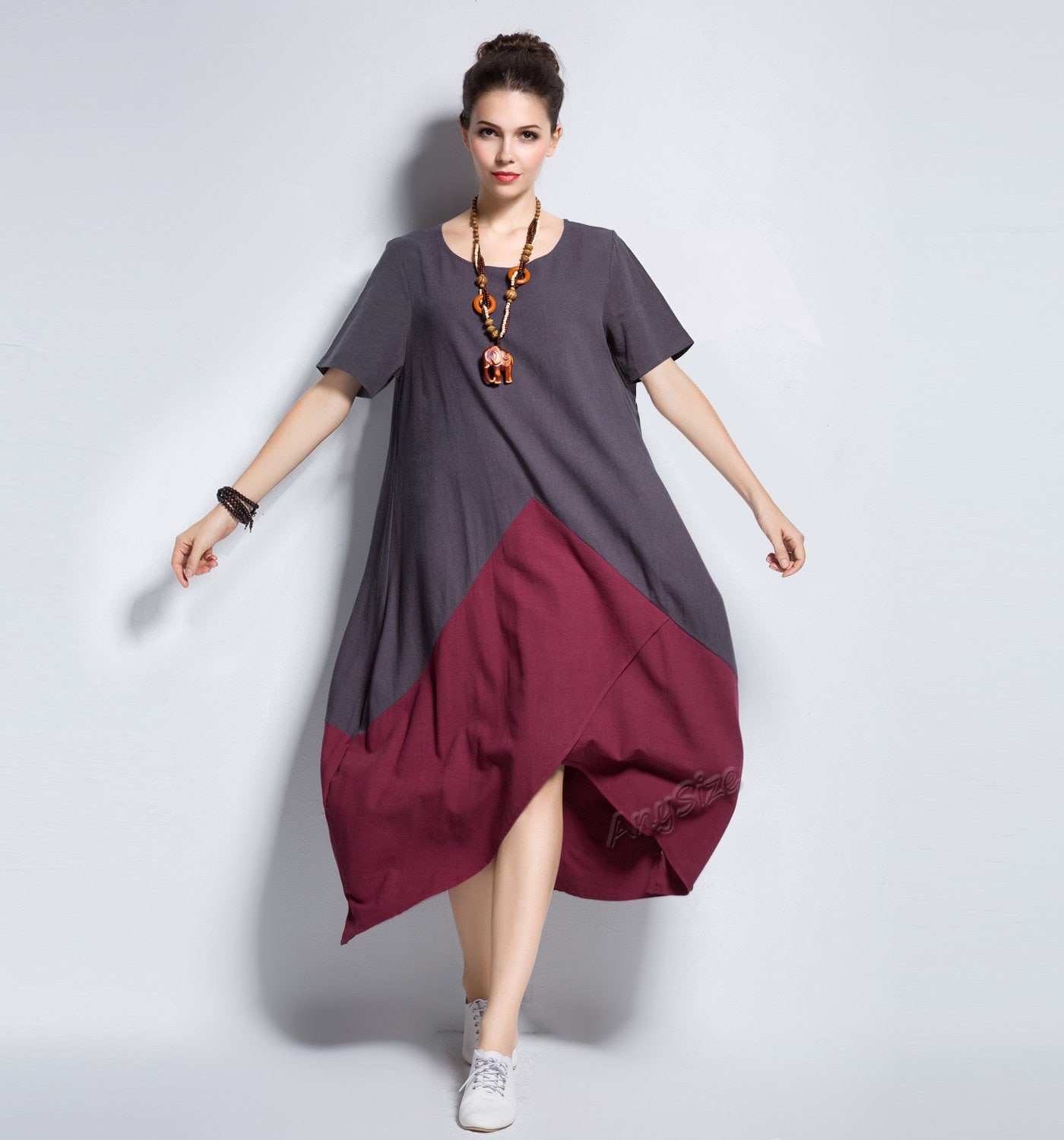 Anysize asymmetry two color linen & cotton dress plus size | Etsy