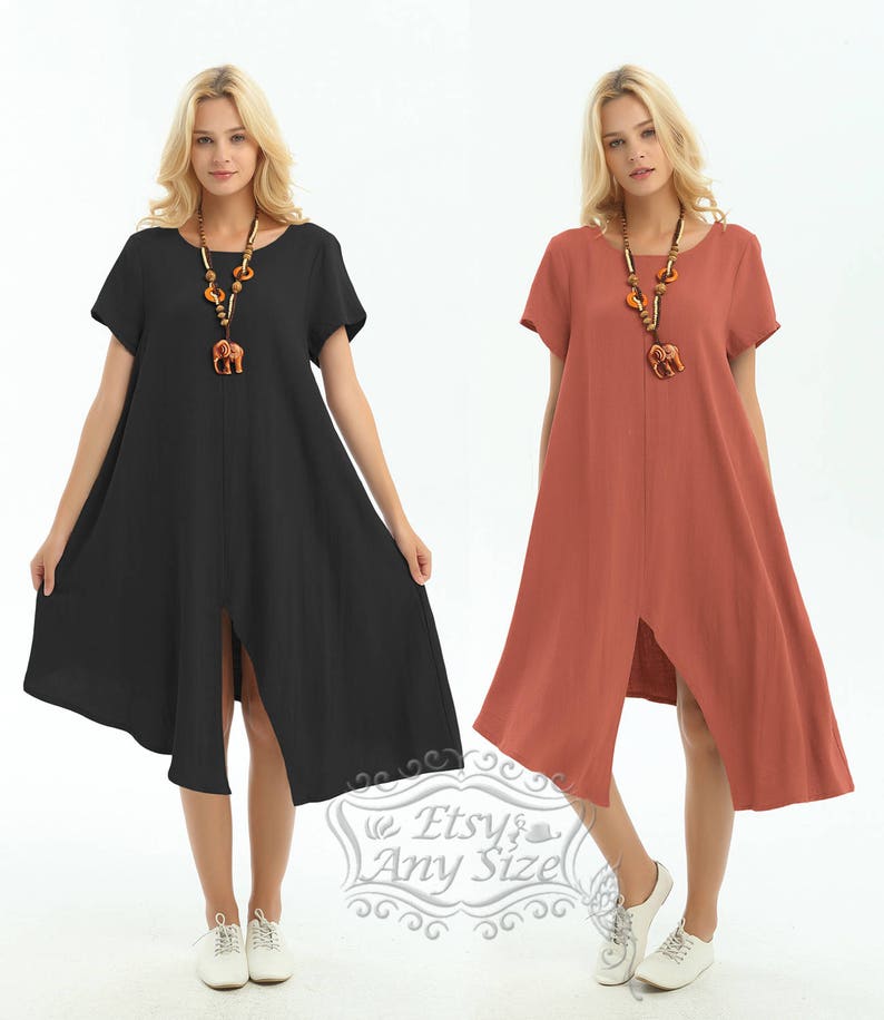 Anysize spring summer soft linen cotton dress with front slit short-sleeved version plus size dress plus size clothing Y355