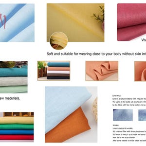 Pu&ograve; includere: Immagini di tessuti di lino in vari colori, tra cui blu, giallo e rosso. Il testo evidenzia la traspirabilit&agrave;, la morbidezza e l'adattabilit&agrave; del tessuto per pelli sensibili. L'immagine mostra anche le materie prime.