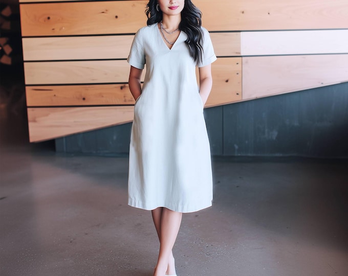 Anysize custom 100% linen dress short sleeves loose dress with side pockets spring summer plus size dress plus size clothing F46YL