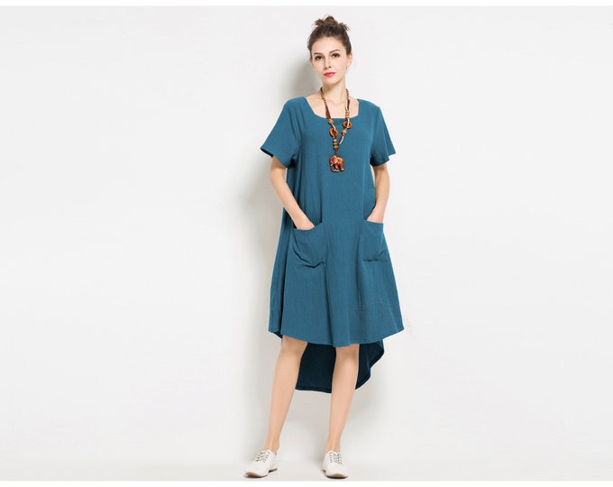Anysize short sleeves spring summer fall soft linen cotton casual loose dress with front pockets plust size dress plus size clothing F124Q